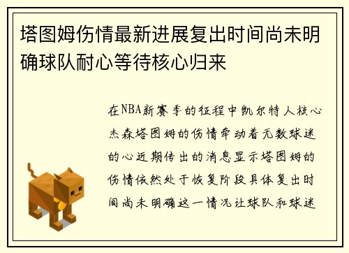 塔图姆伤情最新进展复出时间尚未明确球队耐心等待核心归来