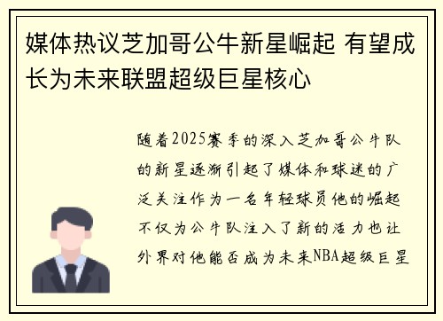 媒体热议芝加哥公牛新星崛起 有望成长为未来联盟超级巨星核心