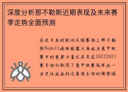 深度分析那不勒斯近期表现及未来赛季走势全面预测