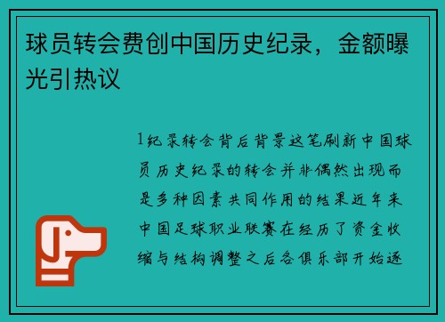 球员转会费创中国历史纪录，金额曝光引热议